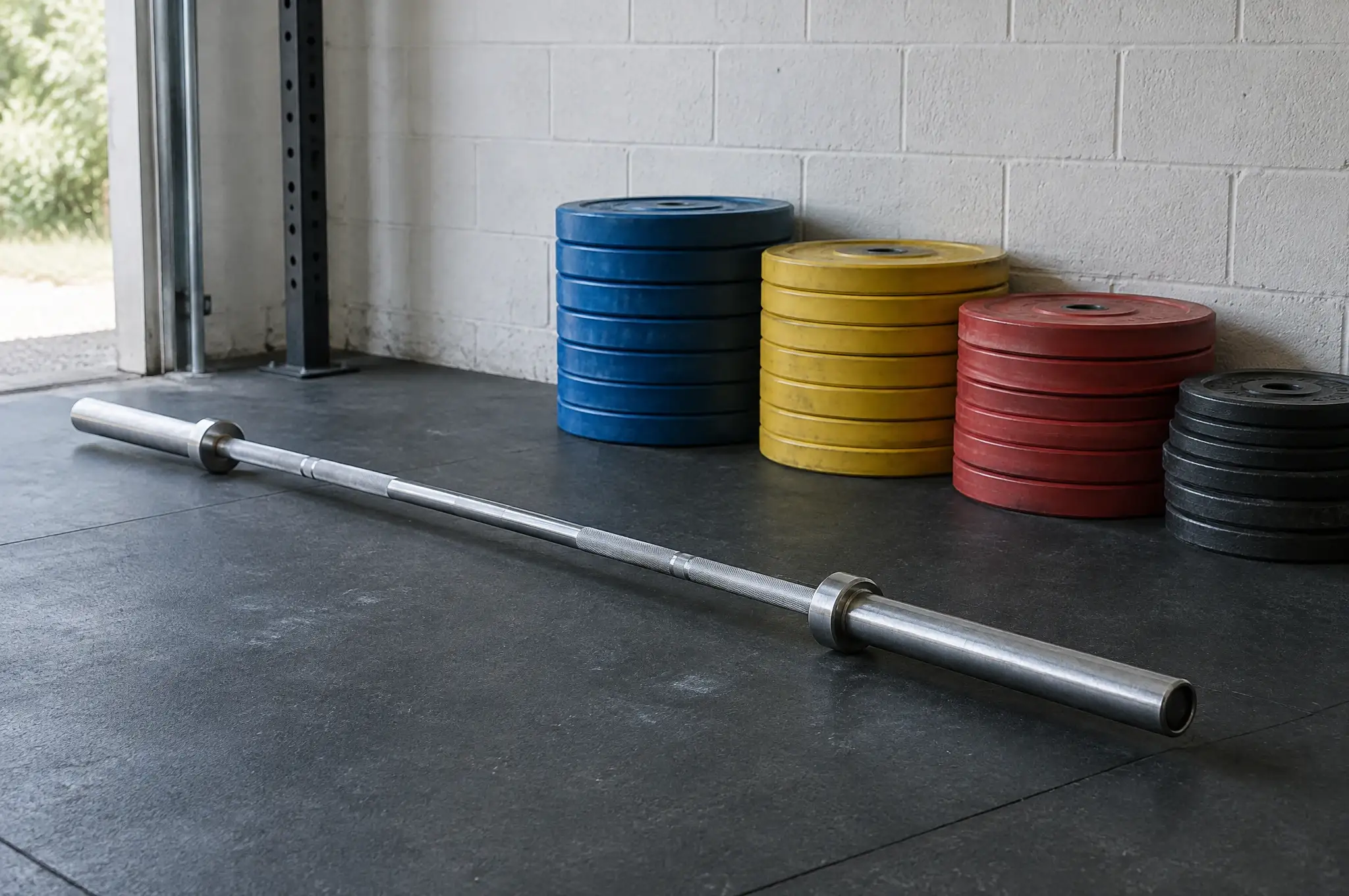 A barbell and a stack of colored bumper plates on a garage gym floor