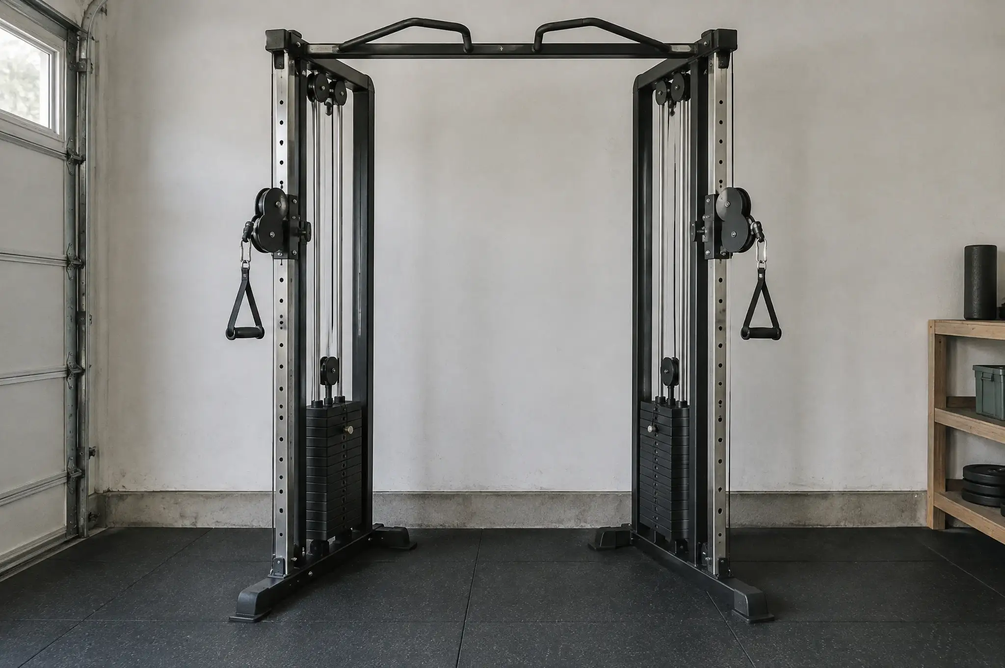 A home functional trainer cable machine with two weight stacks
