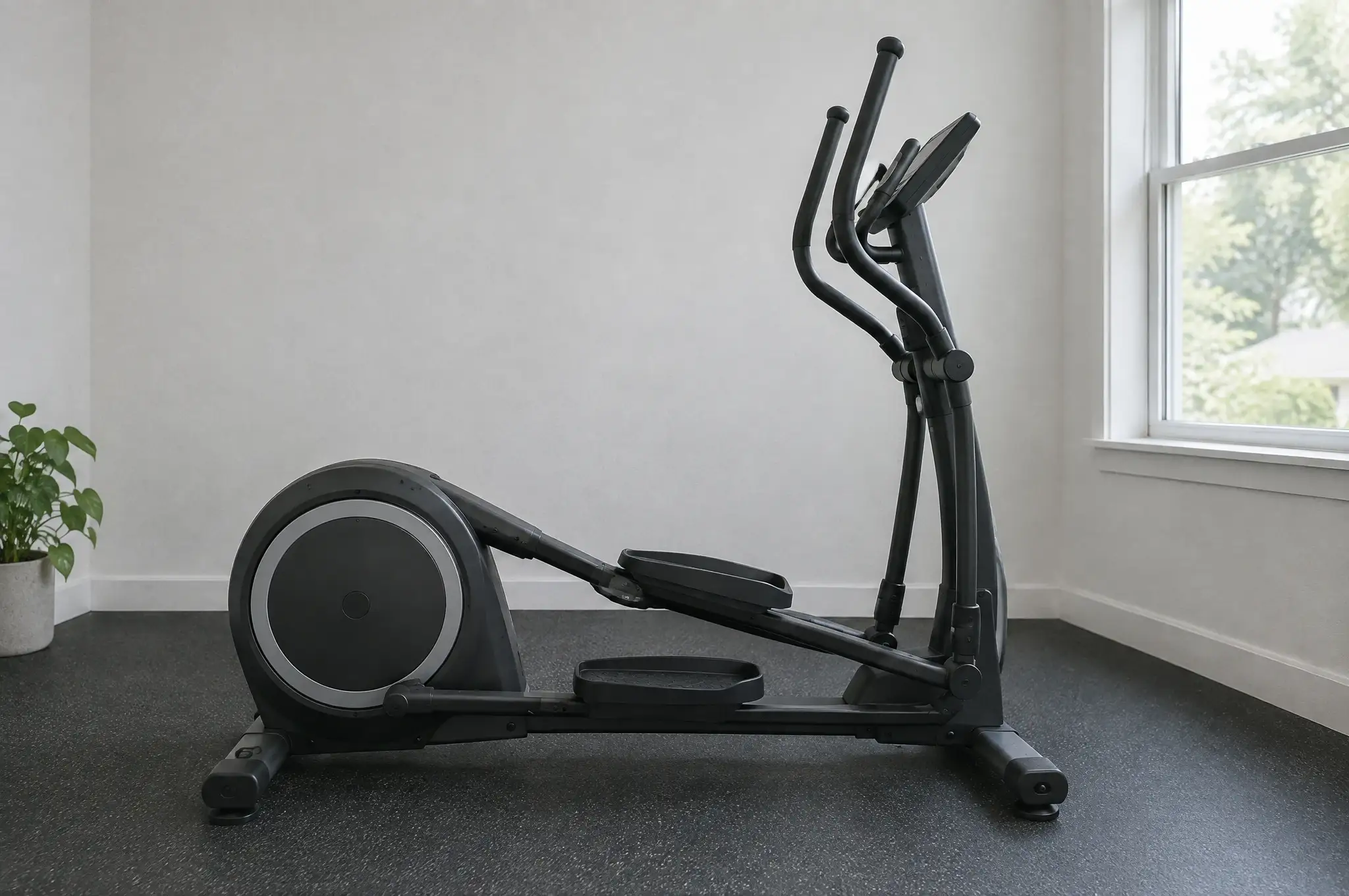 An elliptical cross-trainer in a bright spare room