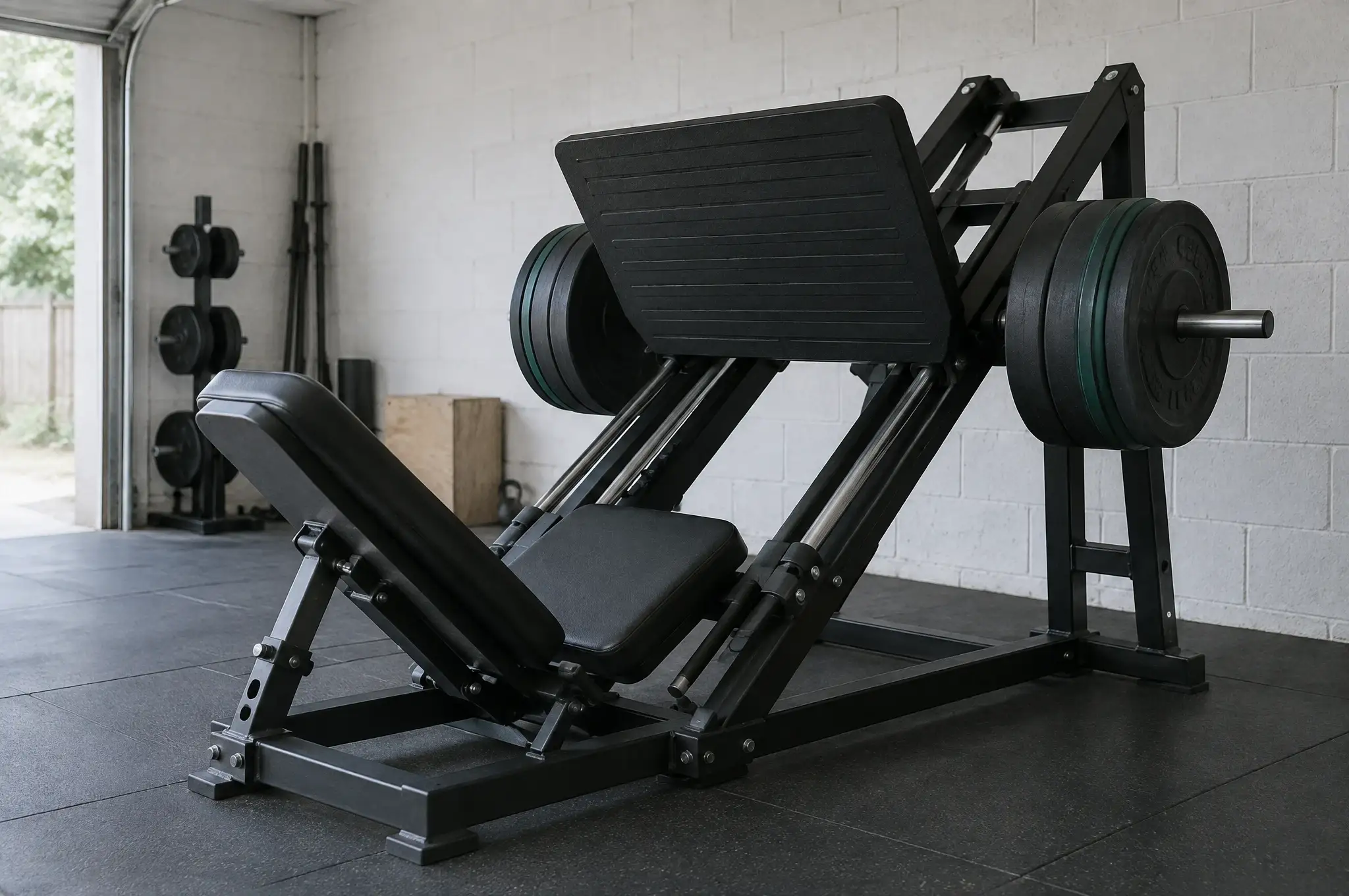A plate-loaded leg press machine in a home garage gym