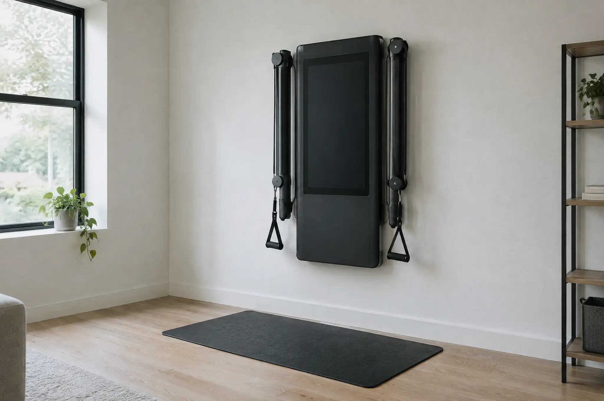 A wall-mounted smart home gym unit in a spare room