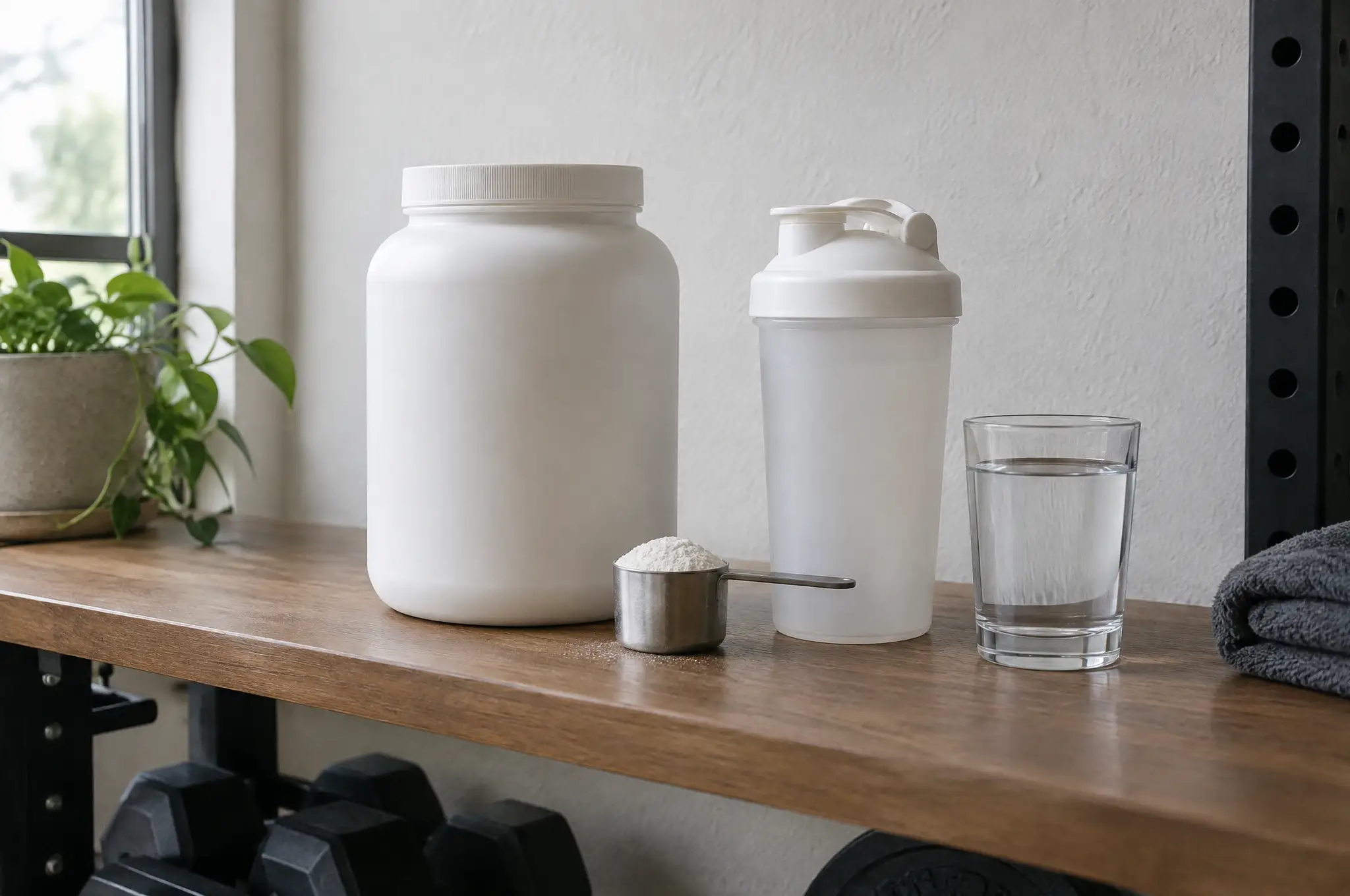 An unlabeled supplement tub, shaker bottle and scoop on a shelf