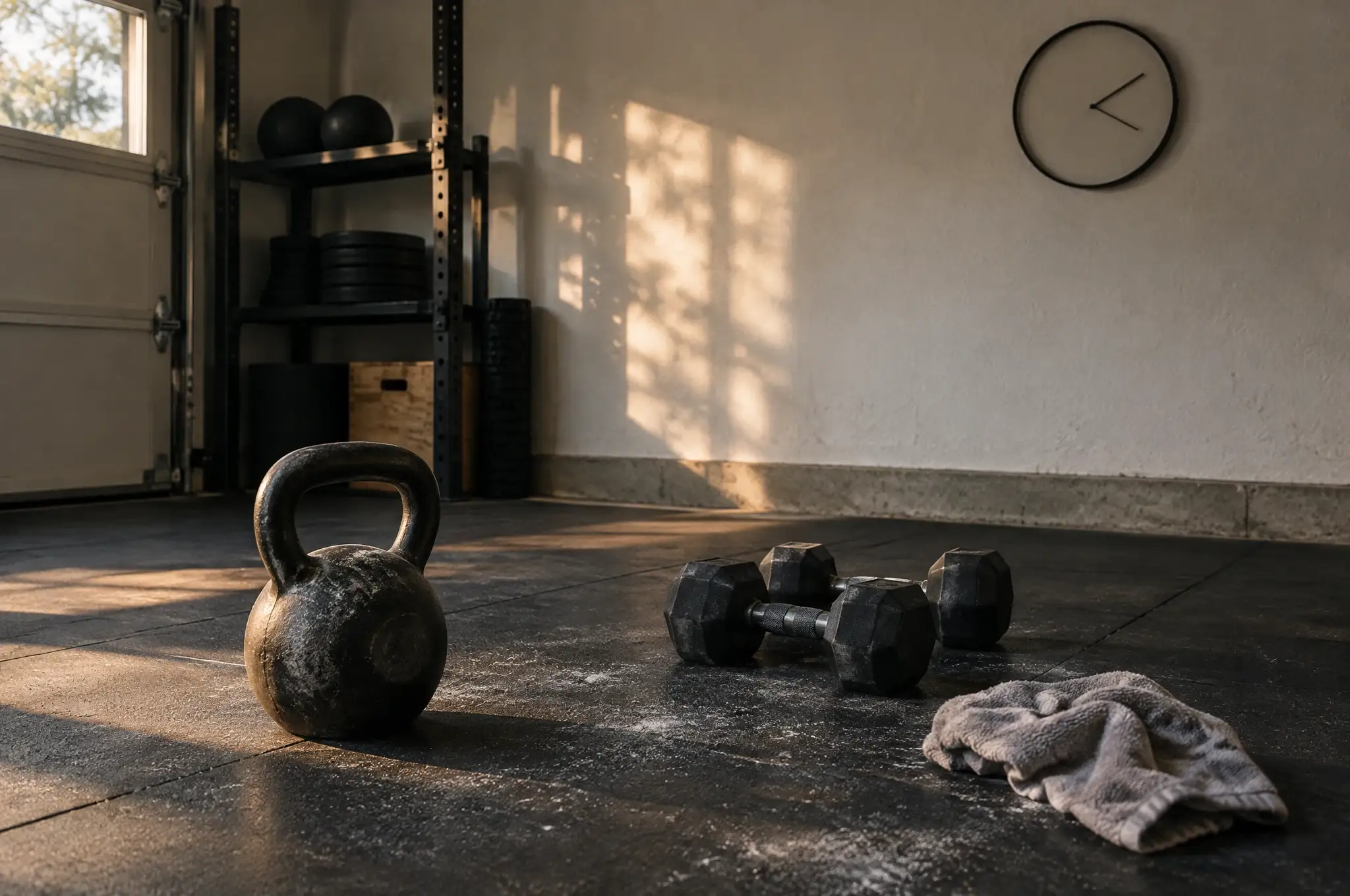 A kettlebell, dumbbells and a towel on a chalky rubber floor after a workout