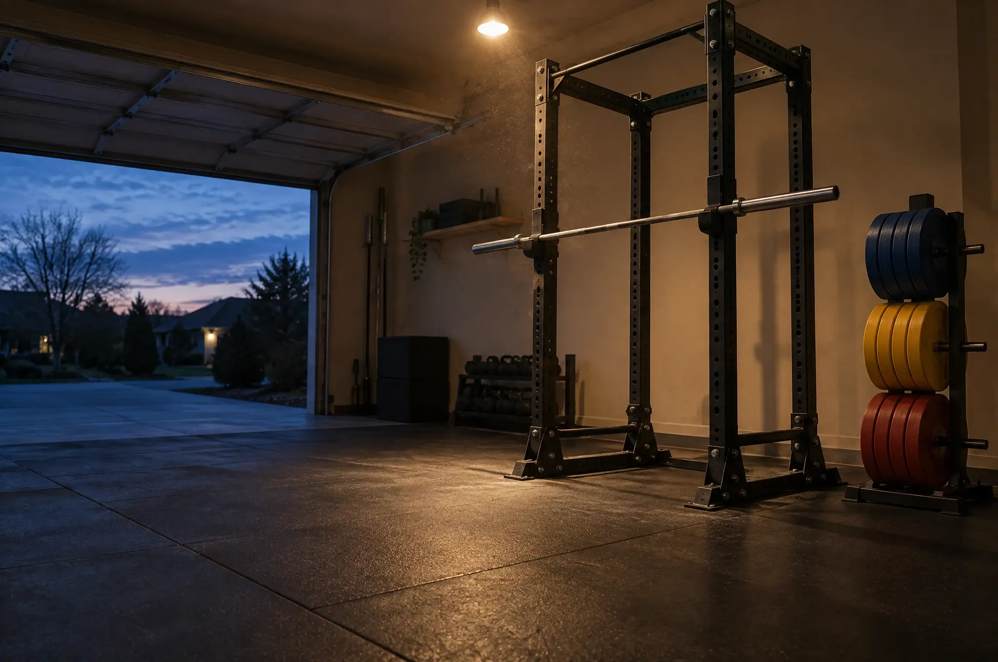 A garage home gym at dusk with a steel power rack, a barbell and a plate tree under a warm work light