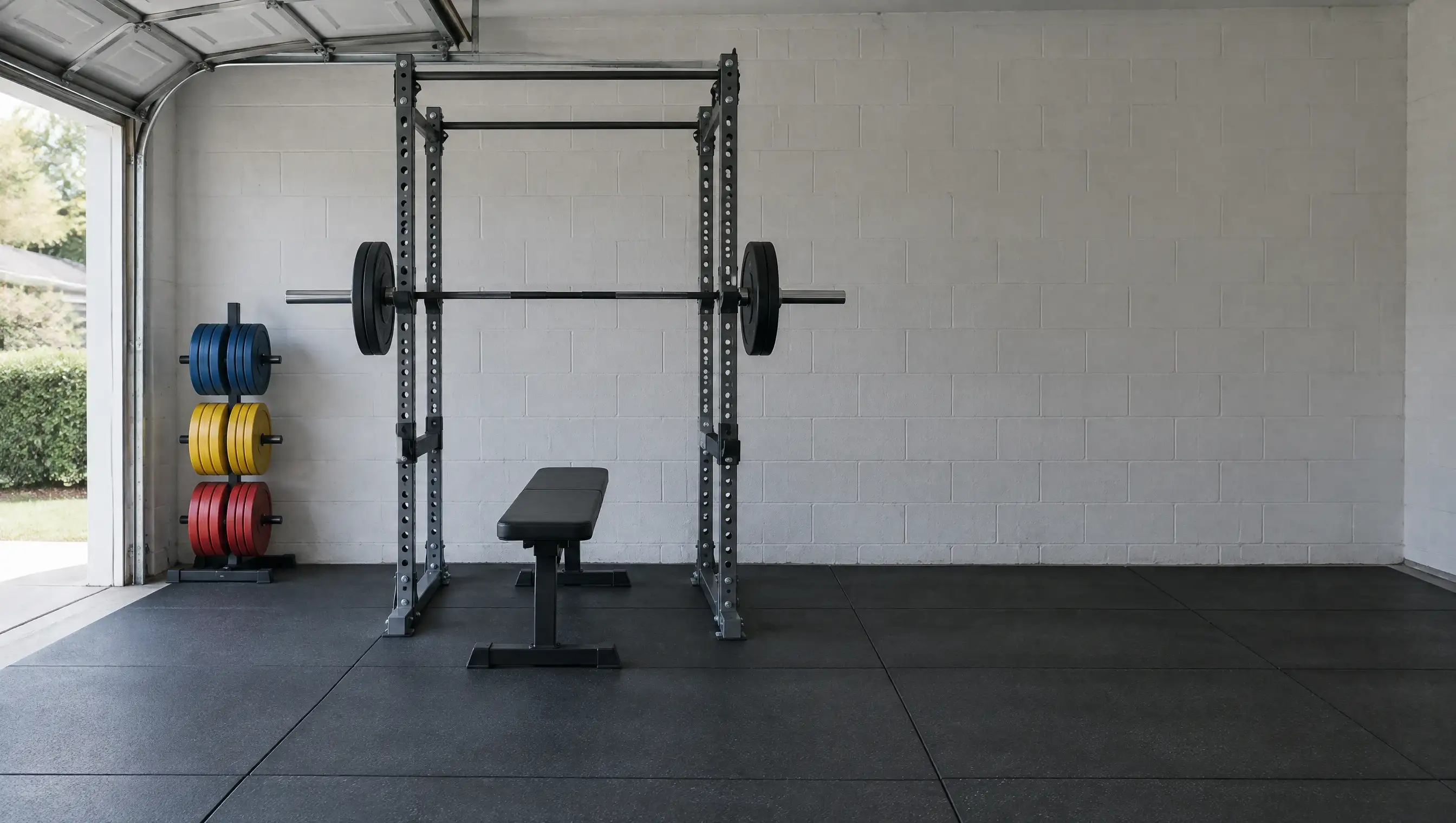 A black steel squat rack folded flat against a white garage wall above rubber floor mats, with open floor space in front