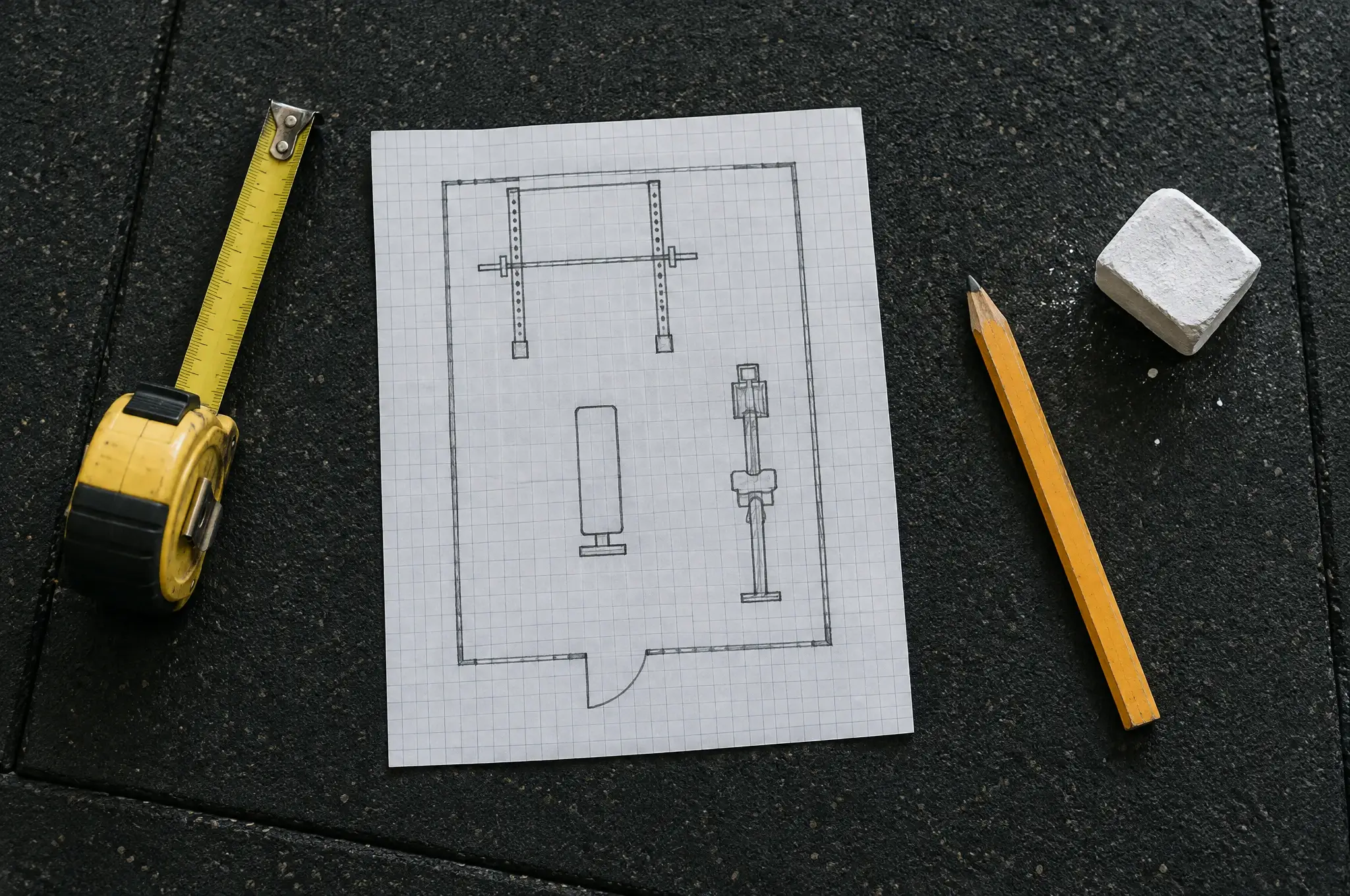 A hand-drawn garage gym floor plan with a tape measure, pencil and chalk