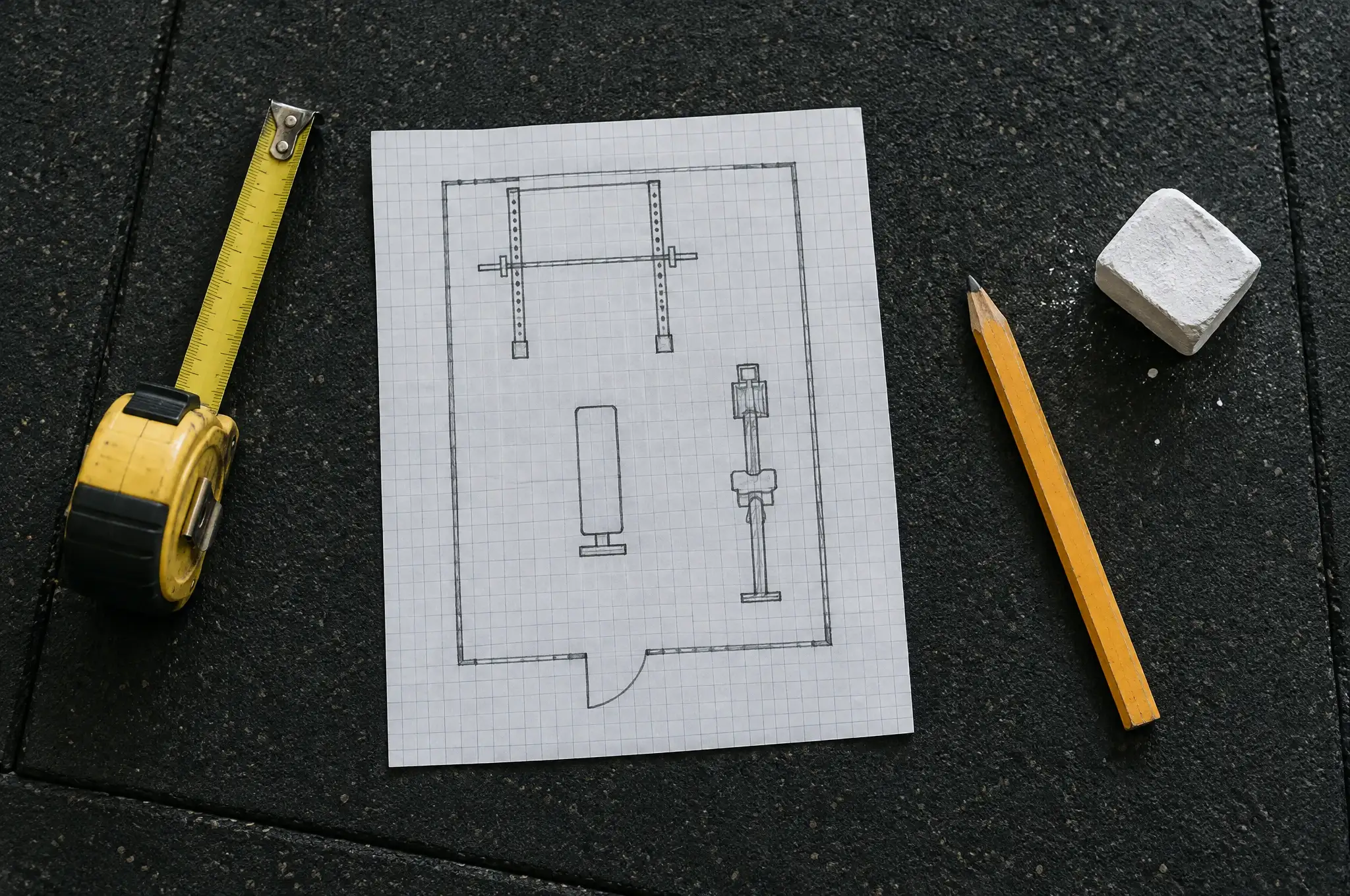 A hand-drawn garage gym floor plan on grid paper with a tape measure, pencil and chalk
