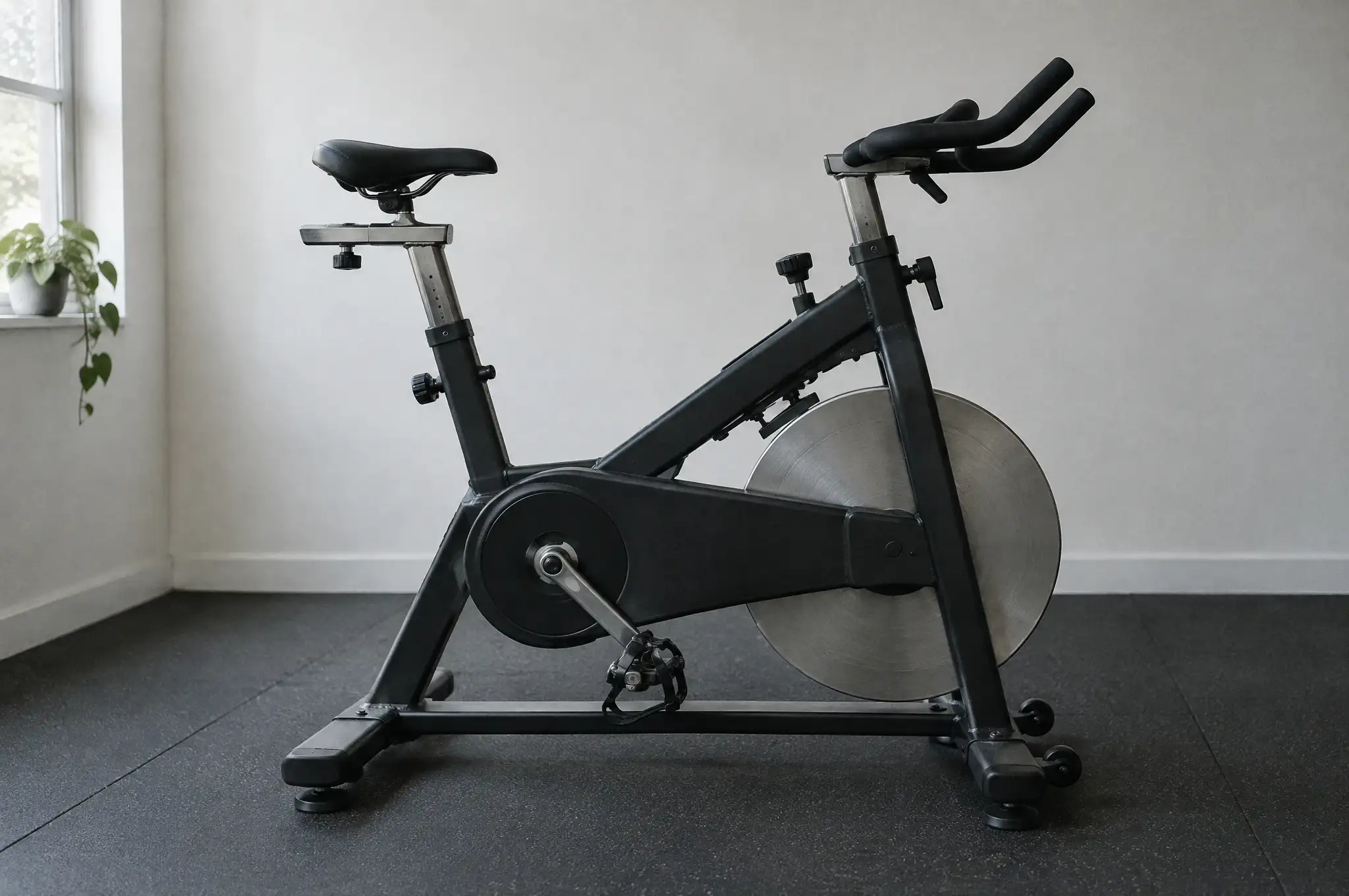An indoor spin bike in a bright spare room