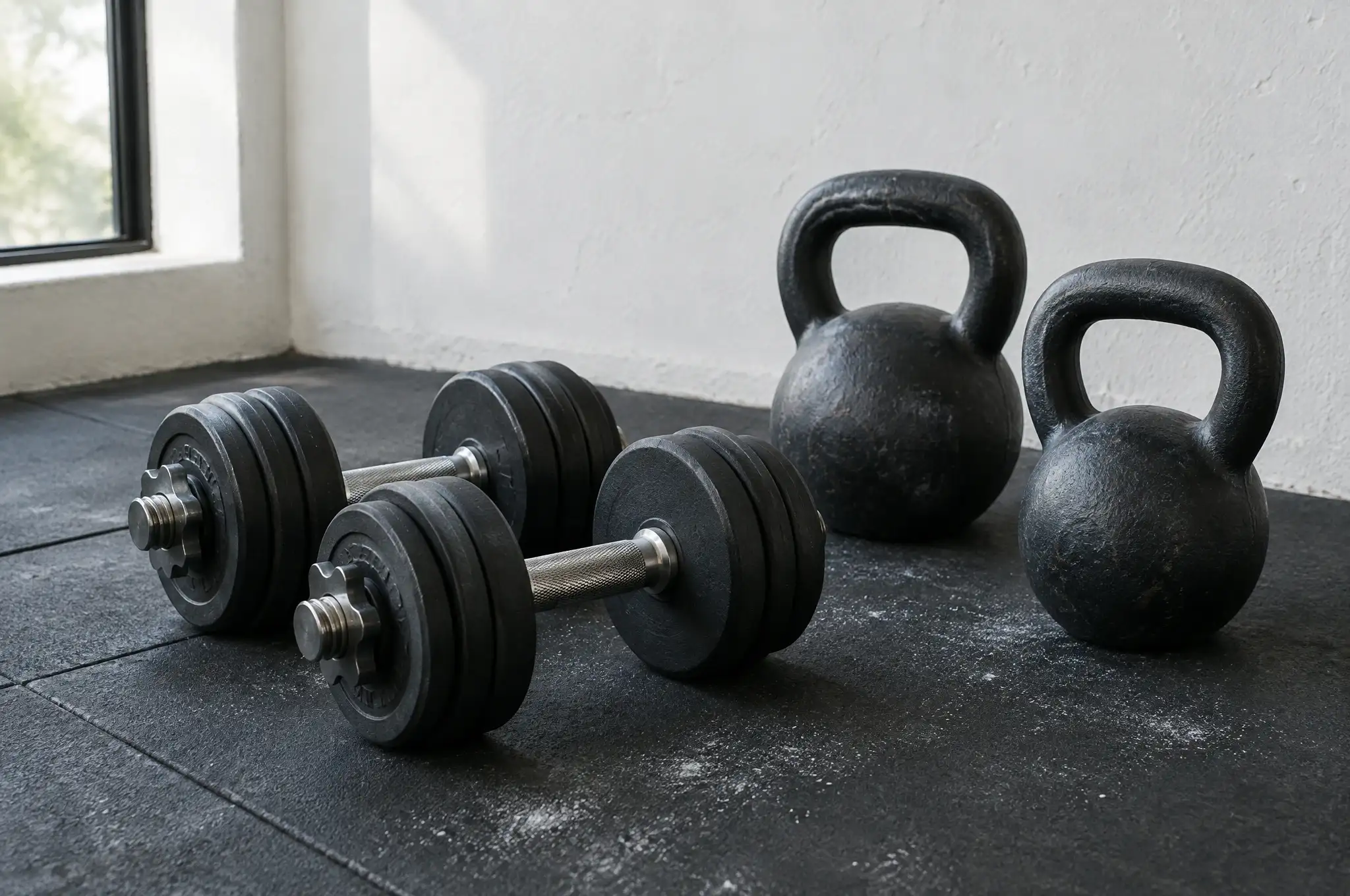 A pair of adjustable dumbbells and two kettlebells on a chalky rubber mat