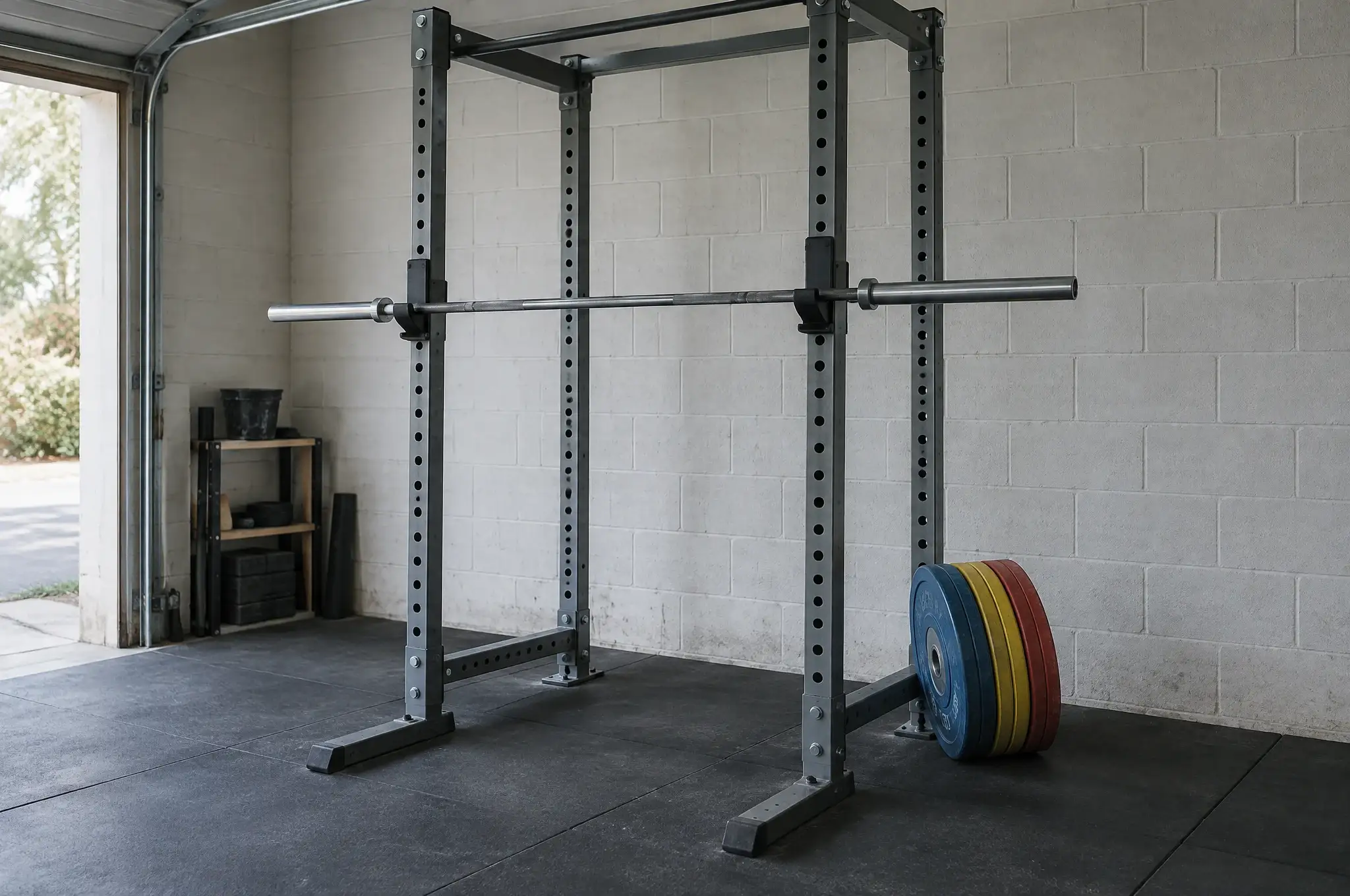 A steel power rack with an empty barbell in a garage gym