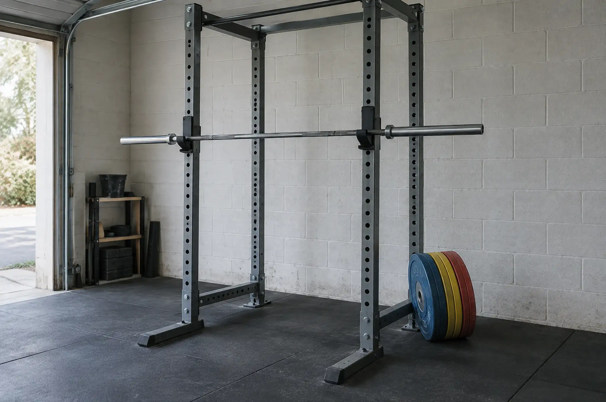 A steel power rack with an empty barbell in a garage gym