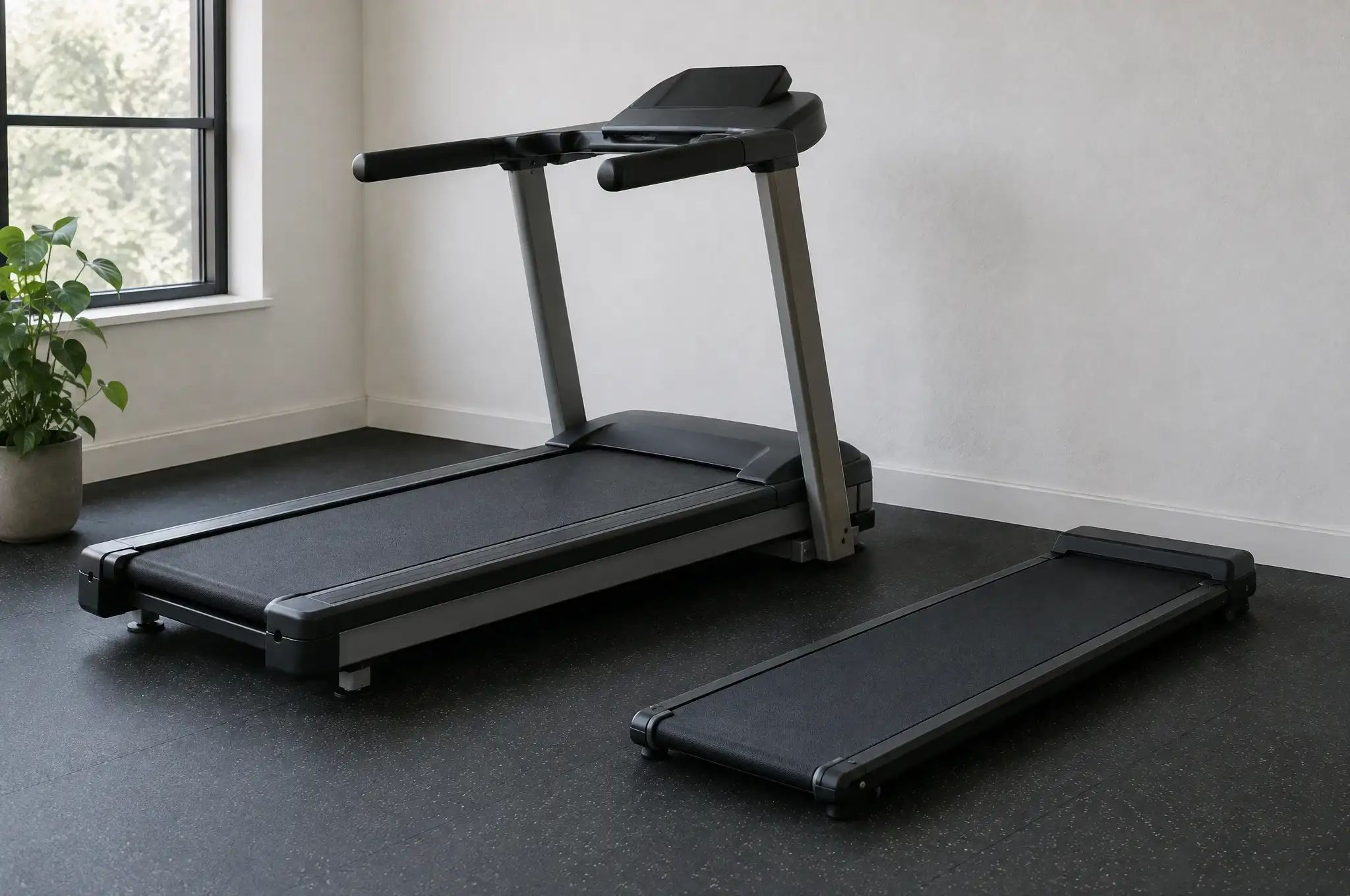 A home treadmill and a walking pad on rubber flooring